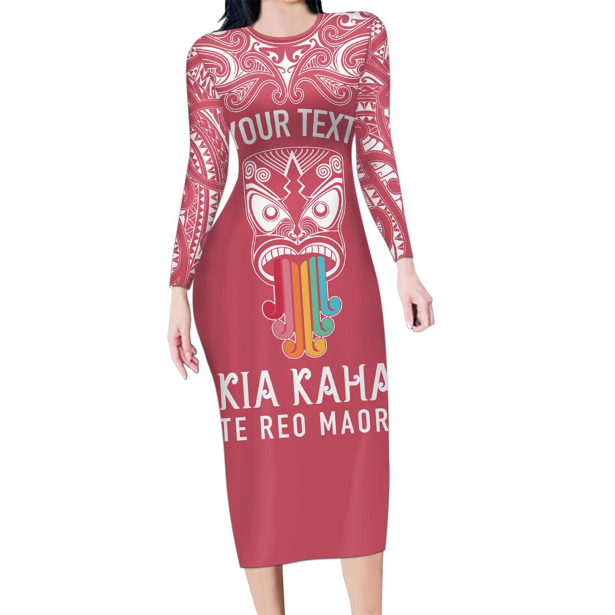 Personalised Kia Kaha Te Reo Maori Family Matching Long Sleeve Bodycon Dress and Hawaiian Shirt Hei Tiki Mix Koru - Pink LT7 Mom's Dress Pink - Polynesian Pride