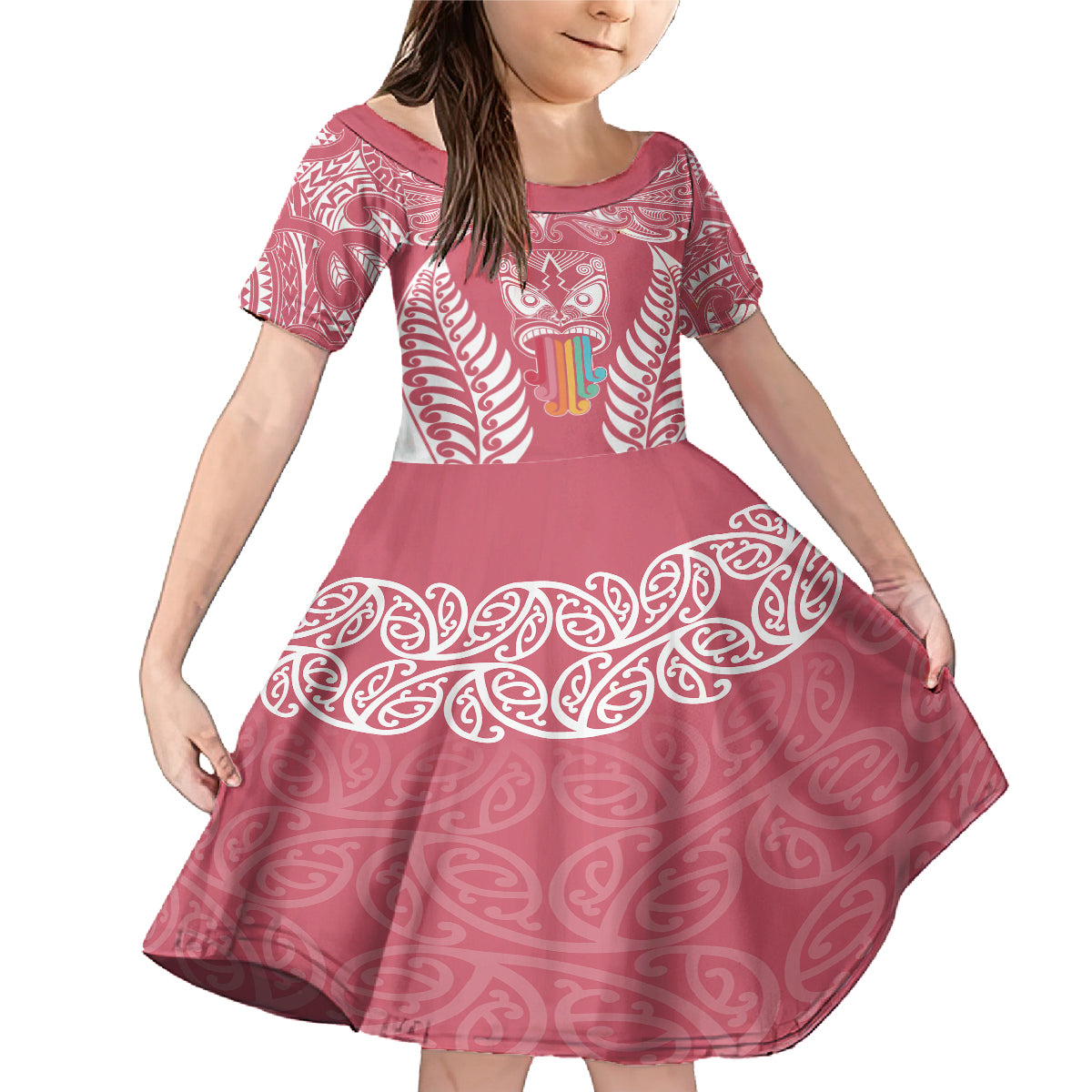Personalised Kia Kaha Te Reo Maori Family Matching Mermaid Dress and Hawaiian Shirt Hei Tiki Mix Koru - Pink LT7 Daughter's Dress Pink - Polynesian Pride