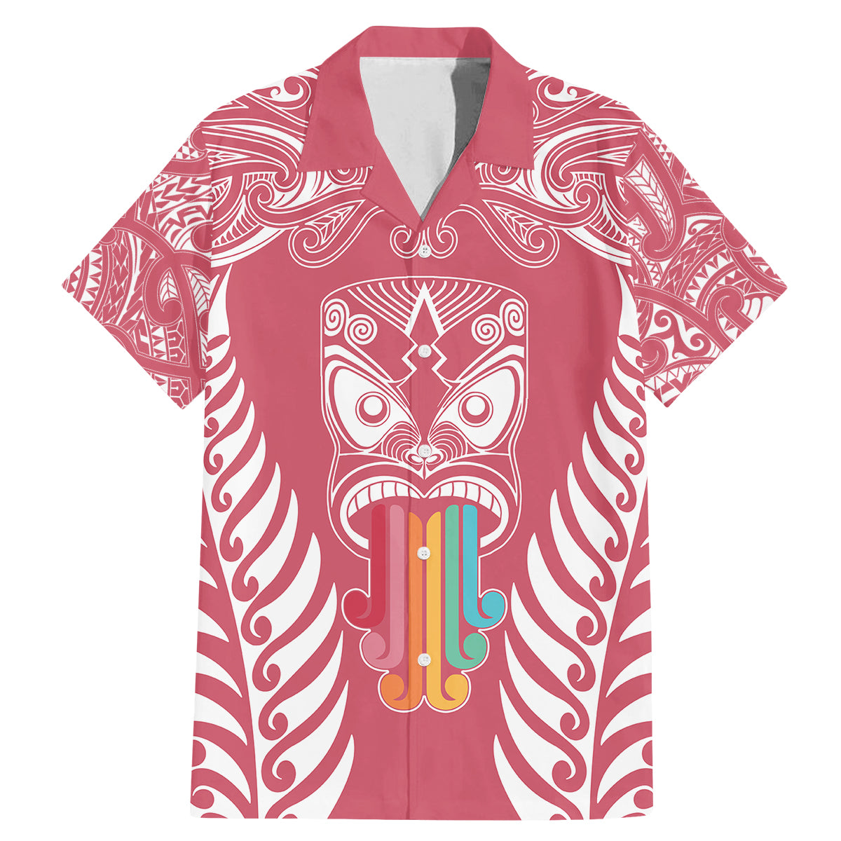 Personalised Kia Kaha Te Reo Maori Family Matching Mermaid Dress and Hawaiian Shirt Hei Tiki Mix Koru - Pink LT7 Dad's Shirt - Short Sleeve Pink - Polynesian Pride