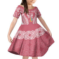 Personalised Kia Kaha Te Reo Maori Family Matching Off Shoulder Long Sleeve Dress and Hawaiian Shirt Hei Tiki Mix Koru - Pink LT7 Daughter's Dress Pink - Polynesian Pride