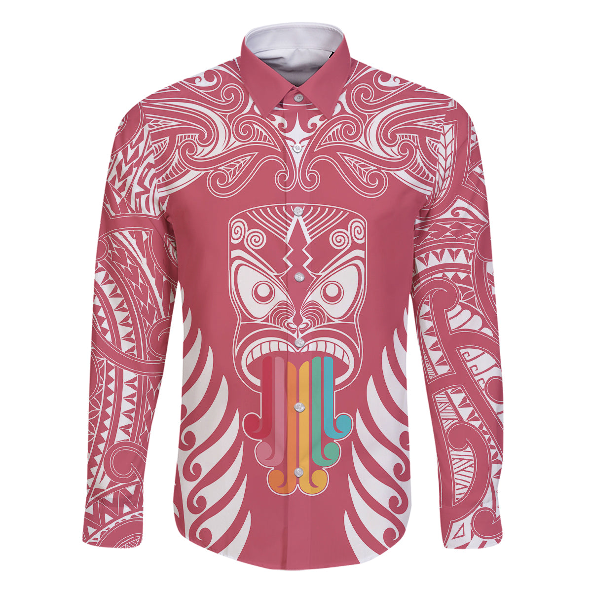 Personalised Kia Kaha Te Reo Maori Family Matching Off Shoulder Long Sleeve Dress and Hawaiian Shirt Hei Tiki Mix Koru - Pink LT7 Dad's Shirt - Long Sleeve Pink - Polynesian Pride