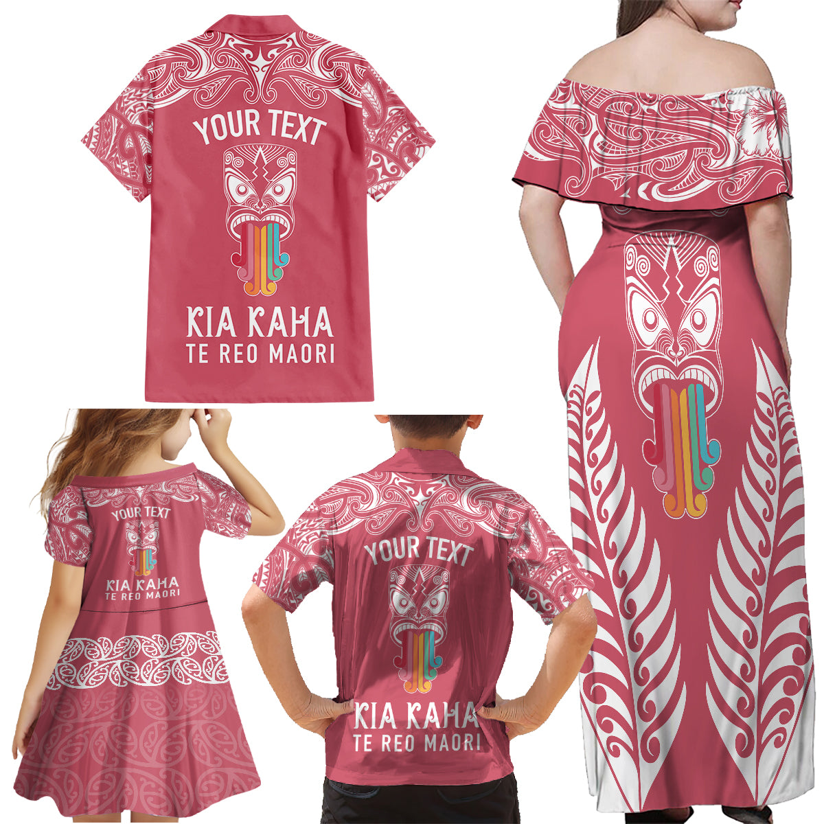 Personalised Kia Kaha Te Reo Maori Family Matching Off Shoulder Maxi Dress and Hawaiian Shirt Hei Tiki Mix Koru - Pink LT7 - Polynesian Pride