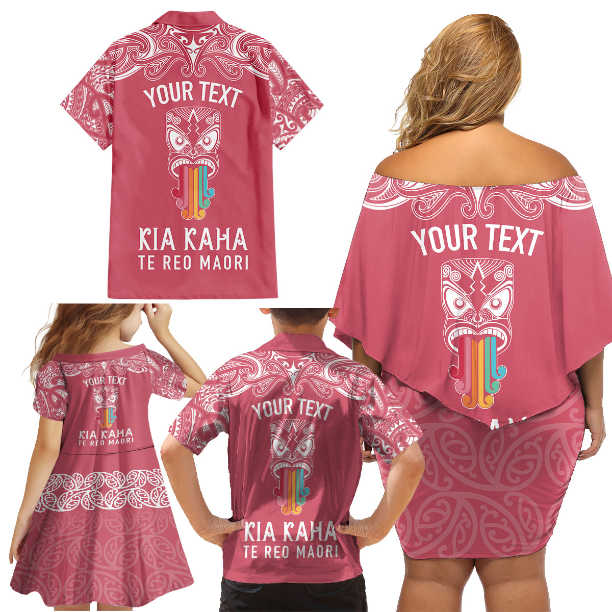 Personalised Kia Kaha Te Reo Maori Family Matching Off Shoulder Short Dress and Hawaiian Shirt Hei Tiki Mix Koru - Pink LT7 - Polynesian Pride