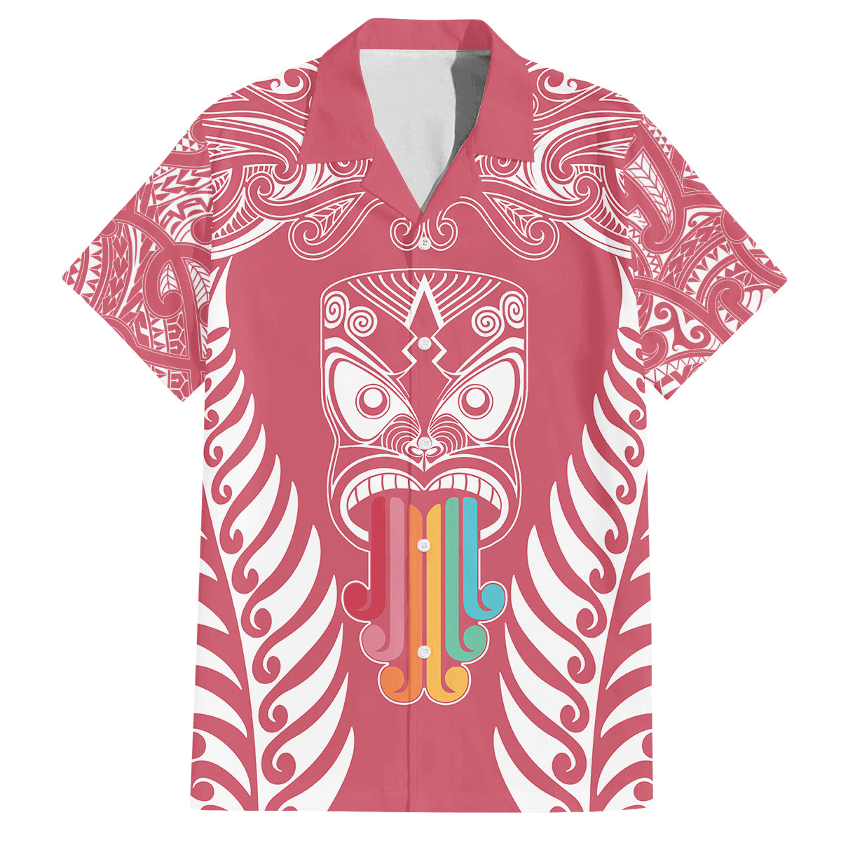 Personalised Kia Kaha Te Reo Maori Family Matching Off Shoulder Short Dress and Hawaiian Shirt Hei Tiki Mix Koru - Pink LT7 Dad's Shirt - Short Sleeve Pink - Polynesian Pride