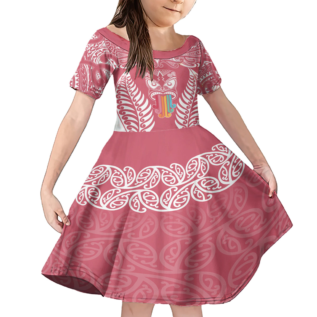 Personalised Kia Kaha Te Reo Maori Family Matching Short Sleeve Bodycon Dress and Hawaiian Shirt Hei Tiki Mix Koru - Pink LT7 Daughter's Dress Pink - Polynesian Pride