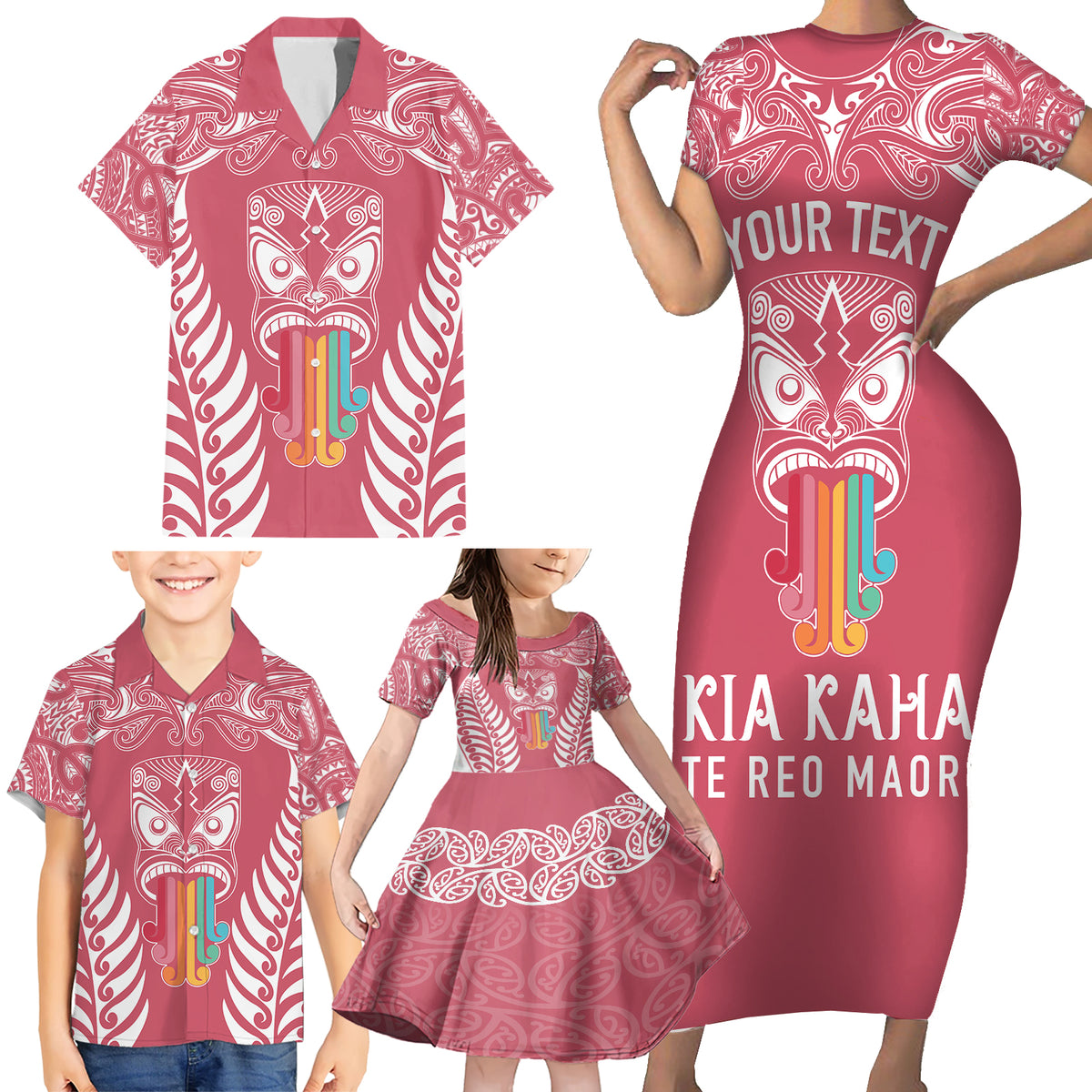 Personalised Kia Kaha Te Reo Maori Family Matching Short Sleeve Bodycon Dress and Hawaiian Shirt Hei Tiki Mix Koru - Pink LT7 - Polynesian Pride
