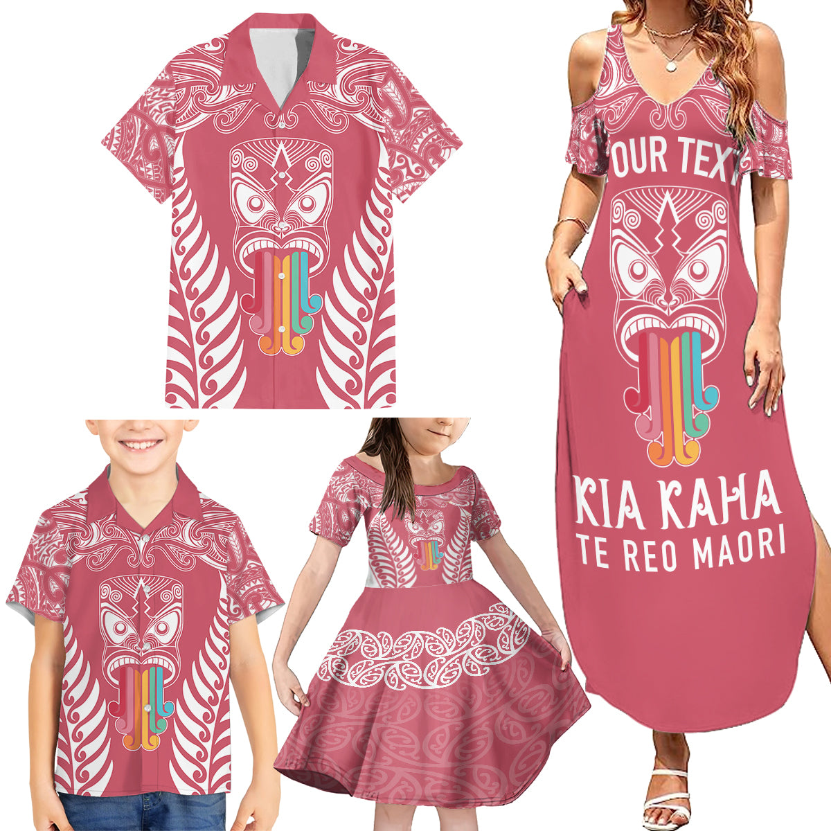 Personalised Kia Kaha Te Reo Maori Family Matching Summer Maxi Dress and Hawaiian Shirt Hei Tiki Mix Koru - Pink LT7 - Polynesian Pride