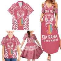 Personalised Kia Kaha Te Reo Maori Family Matching Summer Maxi Dress and Hawaiian Shirt Hei Tiki Mix Koru - Pink LT7 - Polynesian Pride