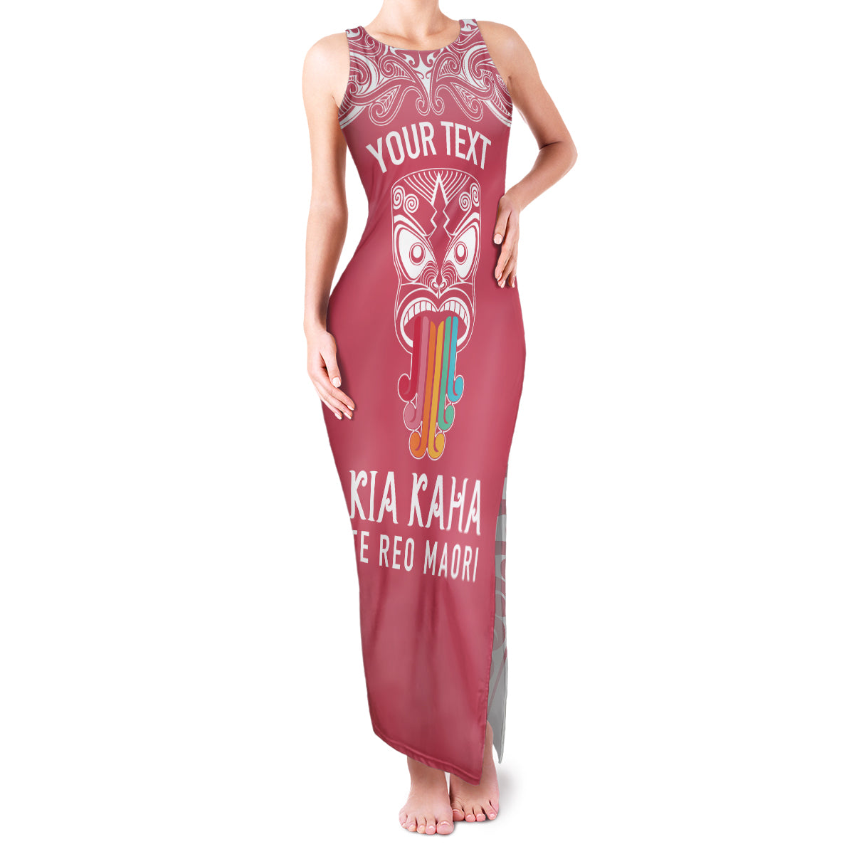 Personalised Kia Kaha Te Reo Maori Family Matching Tank Maxi Dress and Hawaiian Shirt Hei Tiki Mix Koru - Pink LT7 Mom's Dress Pink - Polynesian Pride