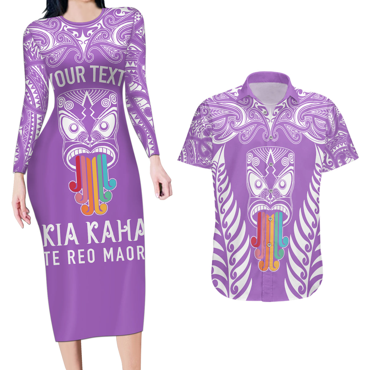 Personalised Kia Kaha Te Reo Maori Couples Matching Long Sleeve Bodycon Dress and Hawaiian Shirt Hei Tiki Mix Koru - Purple LT7 Purple - Polynesian Pride