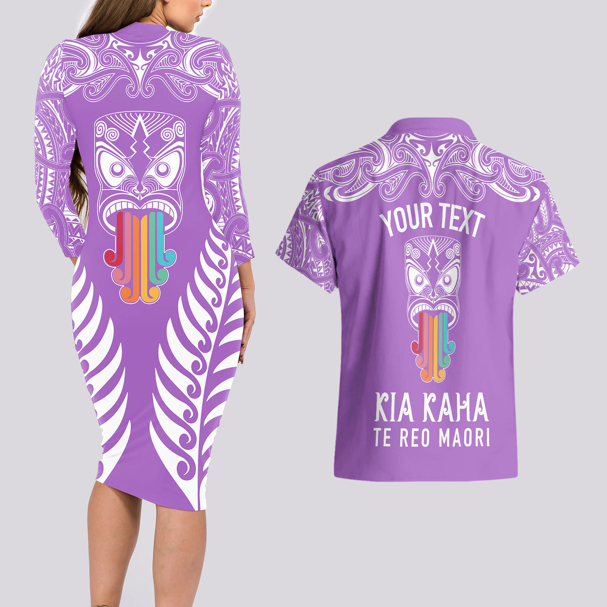Personalised Kia Kaha Te Reo Maori Couples Matching Long Sleeve Bodycon Dress and Hawaiian Shirt Hei Tiki Mix Koru - Purple LT7 - Polynesian Pride