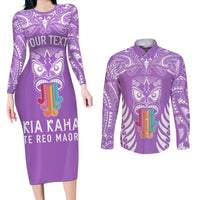 Personalised Kia Kaha Te Reo Maori Couples Matching Long Sleeve Bodycon Dress and Long Sleeve Button Shirts Hei Tiki Mix Koru - Purple LT7 Purple - Polynesian Pride