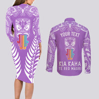 Personalised Kia Kaha Te Reo Maori Couples Matching Long Sleeve Bodycon Dress and Long Sleeve Button Shirts Hei Tiki Mix Koru - Purple LT7 - Polynesian Pride