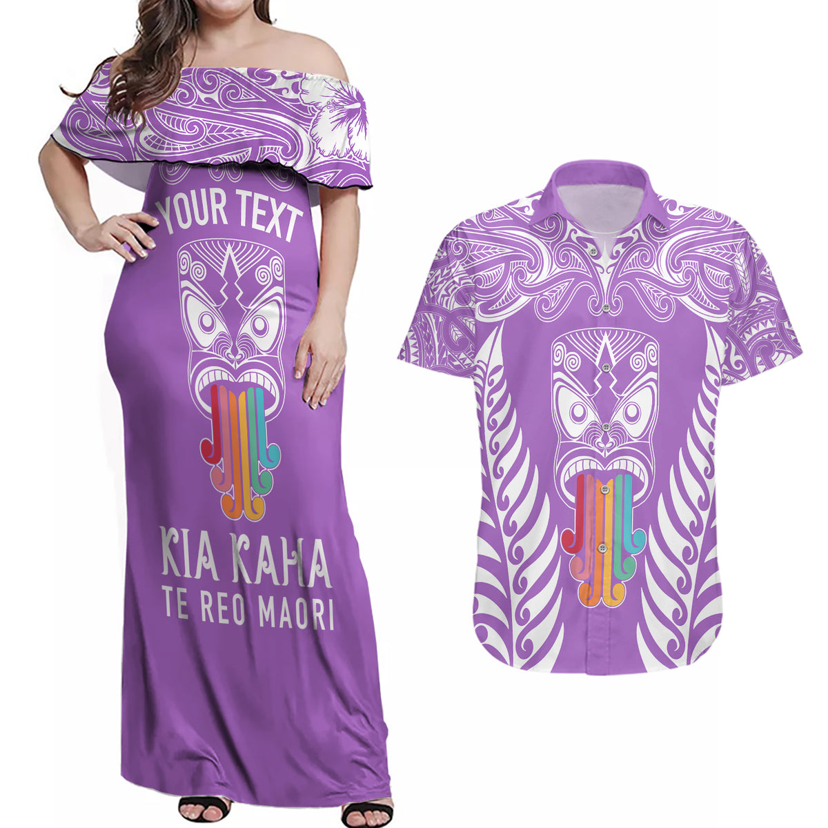 Personalised Kia Kaha Te Reo Maori Couples Matching Off Shoulder Maxi Dress and Hawaiian Shirt Hei Tiki Mix Koru - Purple LT7 Purple - Polynesian Pride