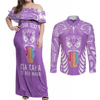 personalised-kia-kaha-te-reo-maori-couples-matching-off-shoulder-maxi-dress-and-long-sleeve-button-shirts-hei-tiki-mix-koru-purple