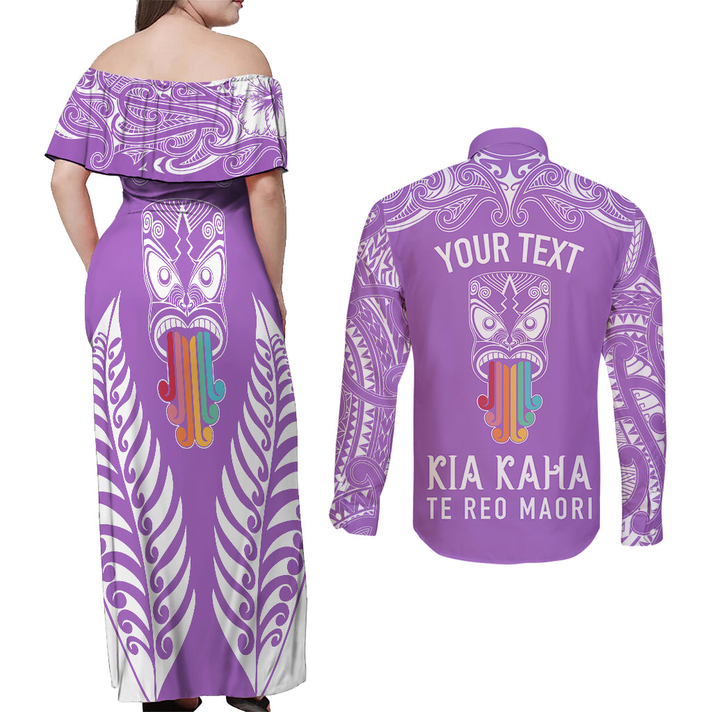 personalised-kia-kaha-te-reo-maori-couples-matching-off-shoulder-maxi-dress-and-long-sleeve-button-shirts-hei-tiki-mix-koru-purple