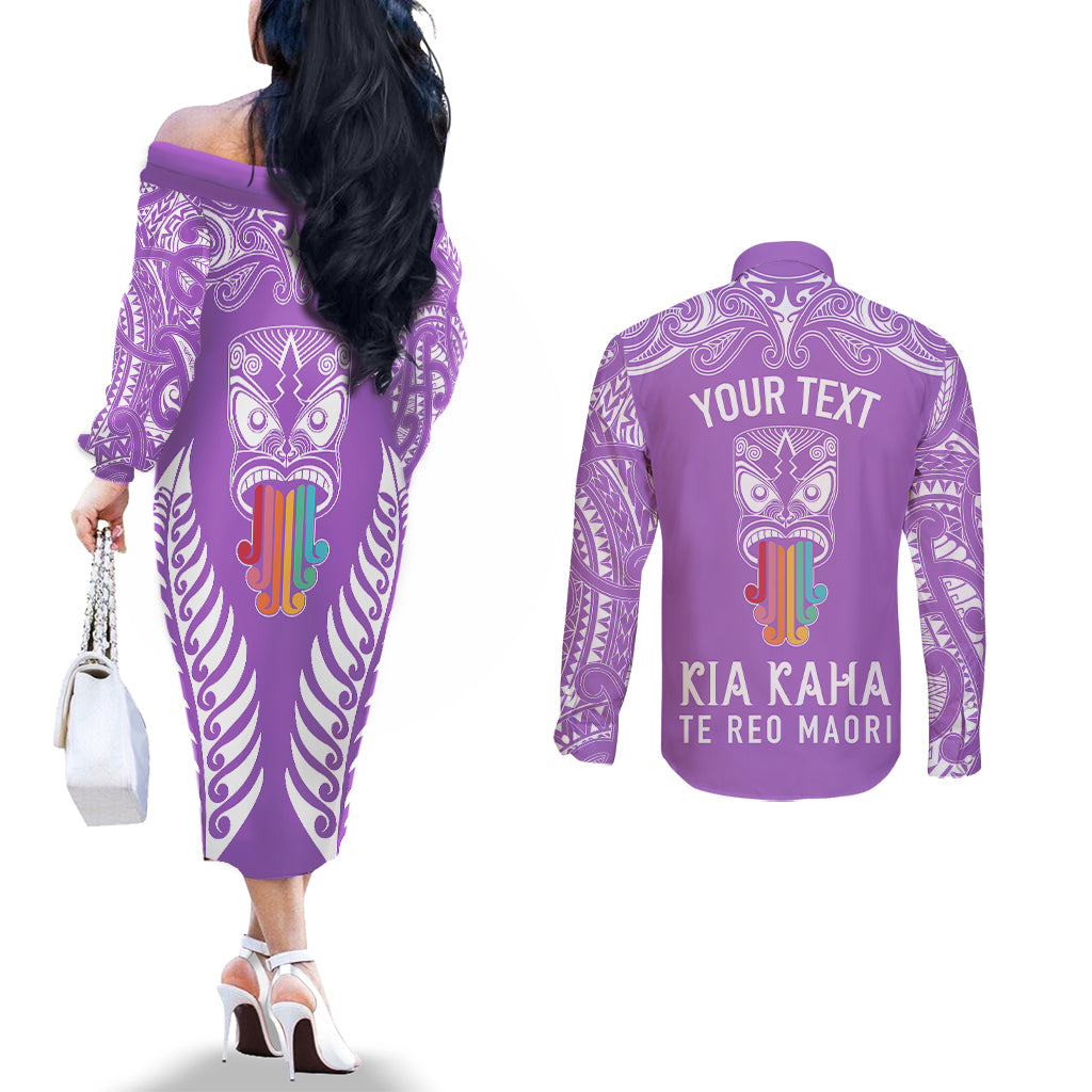 Personalised Kia Kaha Te Reo Maori Couples Matching Off The Shoulder Long Sleeve Dress and Long Sleeve Button Shirts Hei Tiki Mix Koru - Purple LT7 - Polynesian Pride