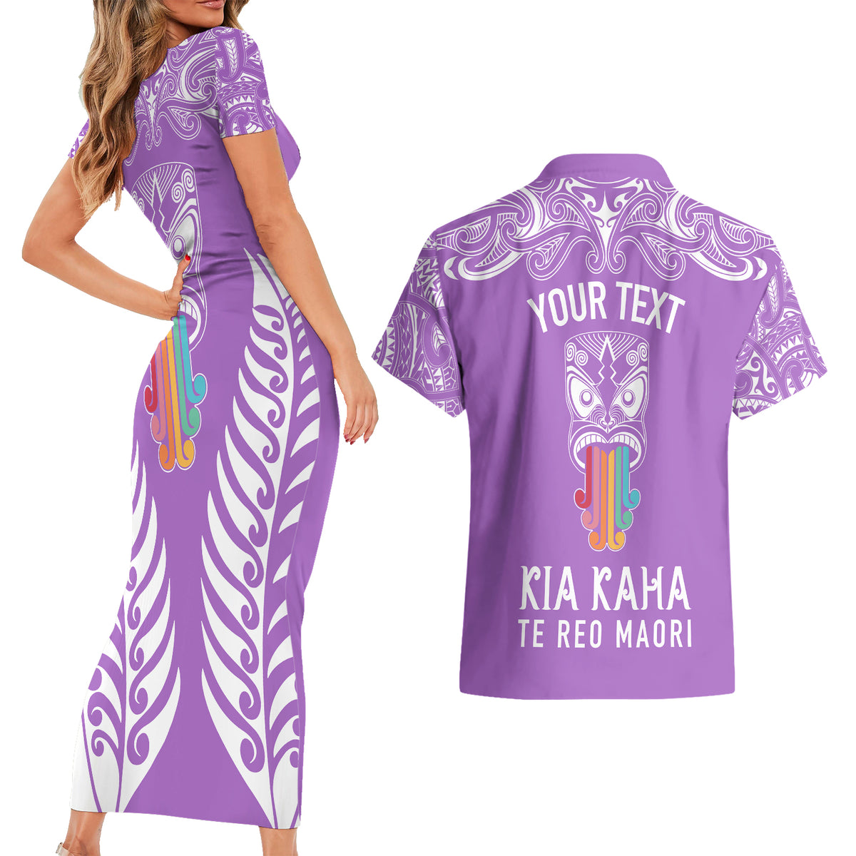 Personalised Kia Kaha Te Reo Maori Couples Matching Short Sleeve Bodycon Dress and Hawaiian Shirt Hei Tiki Mix Koru - Purple LT7 - Polynesian Pride