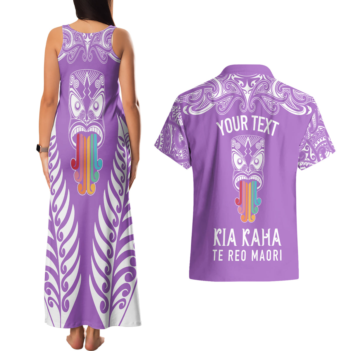 Personalised Kia Kaha Te Reo Maori Couples Matching Tank Maxi Dress and Hawaiian Shirt Hei Tiki Mix Koru - Purple LT7 - Polynesian Pride