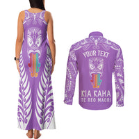 personalised-kia-kaha-te-reo-maori-couples-matching-tank-maxi-dress-and-long-sleeve-button-shirts-hei-tiki-mix-koru-purple