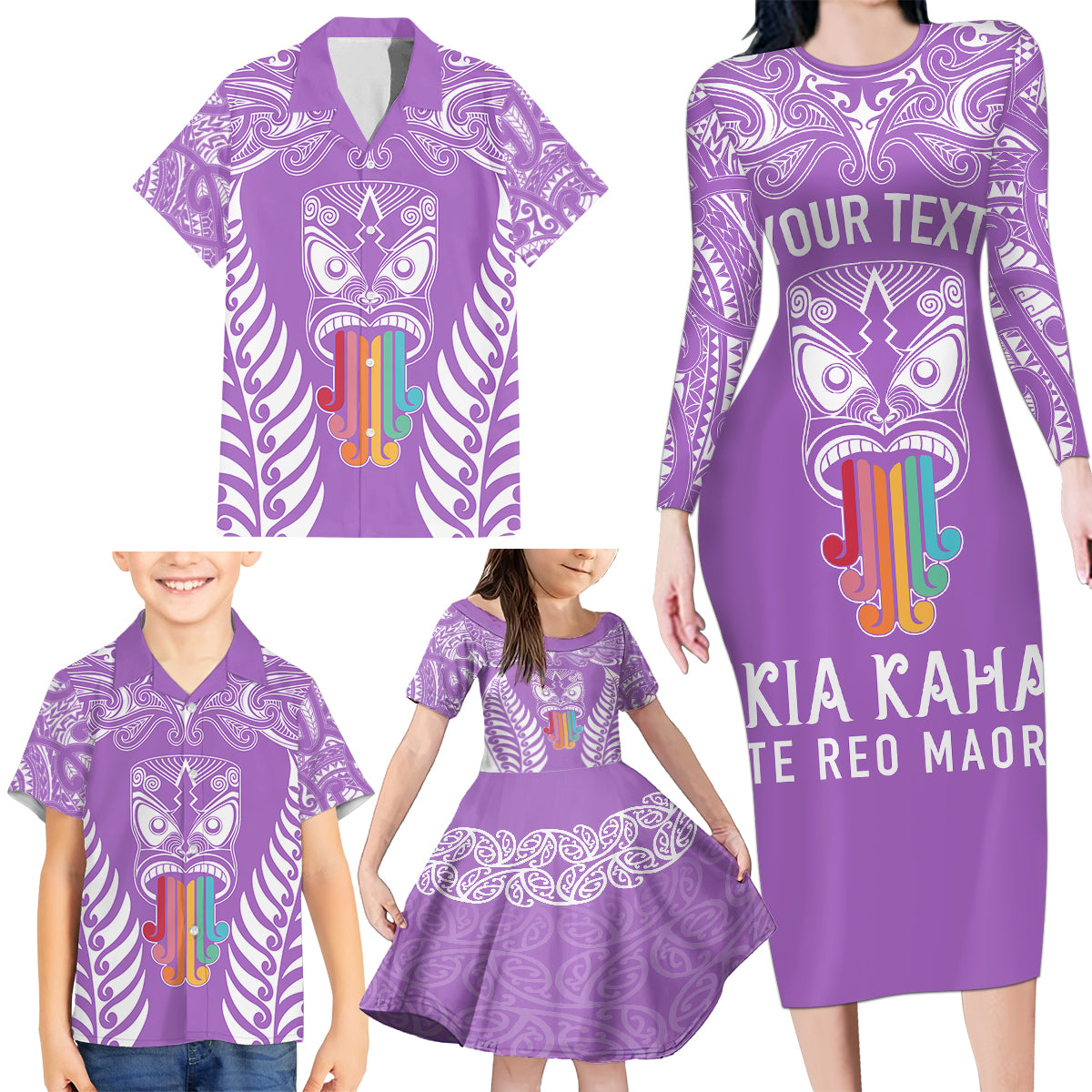 Personalised Kia Kaha Te Reo Maori Family Matching Long Sleeve Bodycon Dress and Hawaiian Shirt Hei Tiki Mix Koru - Purple LT7 - Polynesian Pride