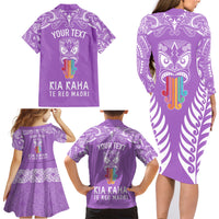 Personalised Kia Kaha Te Reo Maori Family Matching Long Sleeve Bodycon Dress and Hawaiian Shirt Hei Tiki Mix Koru - Purple LT7 - Polynesian Pride