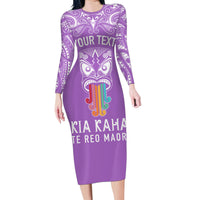 Personalised Kia Kaha Te Reo Maori Family Matching Long Sleeve Bodycon Dress and Hawaiian Shirt Hei Tiki Mix Koru - Purple LT7 Mom's Dress Purple - Polynesian Pride
