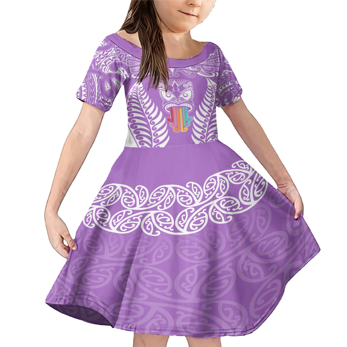 Personalised Kia Kaha Te Reo Maori Family Matching Mermaid Dress and Hawaiian Shirt Hei Tiki Mix Koru - Purple LT7 Daughter's Dress Purple - Polynesian Pride