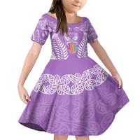 Personalised Kia Kaha Te Reo Maori Family Matching Mermaid Dress and Hawaiian Shirt Hei Tiki Mix Koru - Purple LT7 Daughter's Dress Purple - Polynesian Pride