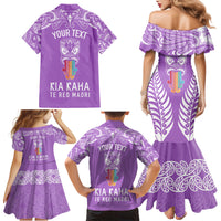 Personalised Kia Kaha Te Reo Maori Family Matching Mermaid Dress and Hawaiian Shirt Hei Tiki Mix Koru - Purple LT7 - Polynesian Pride