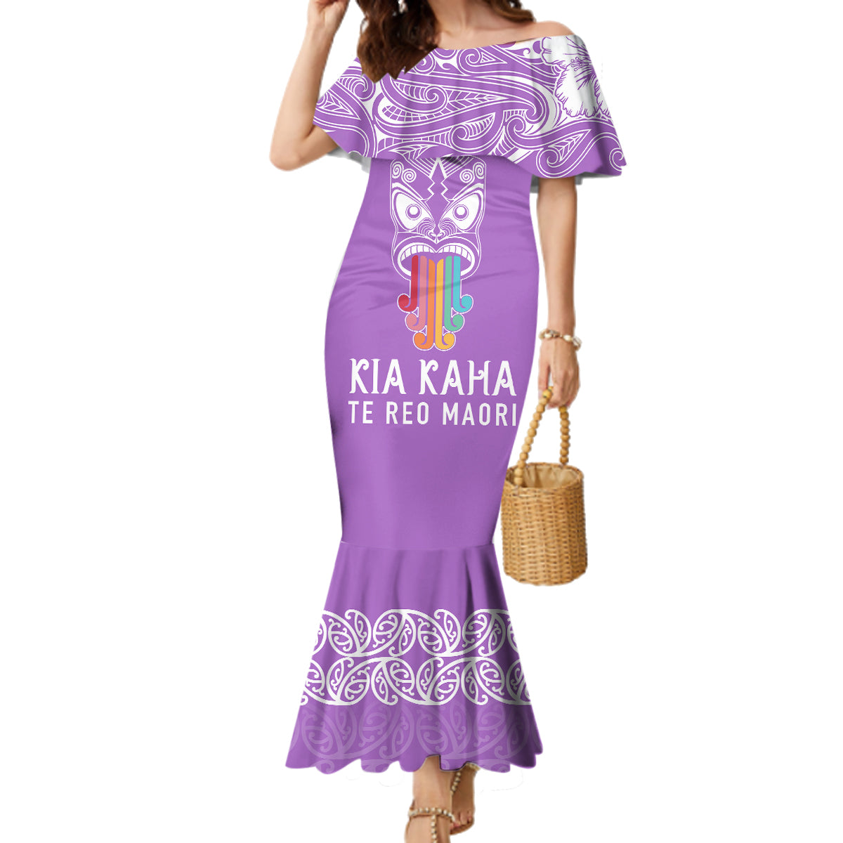 Personalised Kia Kaha Te Reo Maori Family Matching Mermaid Dress and Hawaiian Shirt Hei Tiki Mix Koru - Purple LT7 Mom's Dress Purple - Polynesian Pride