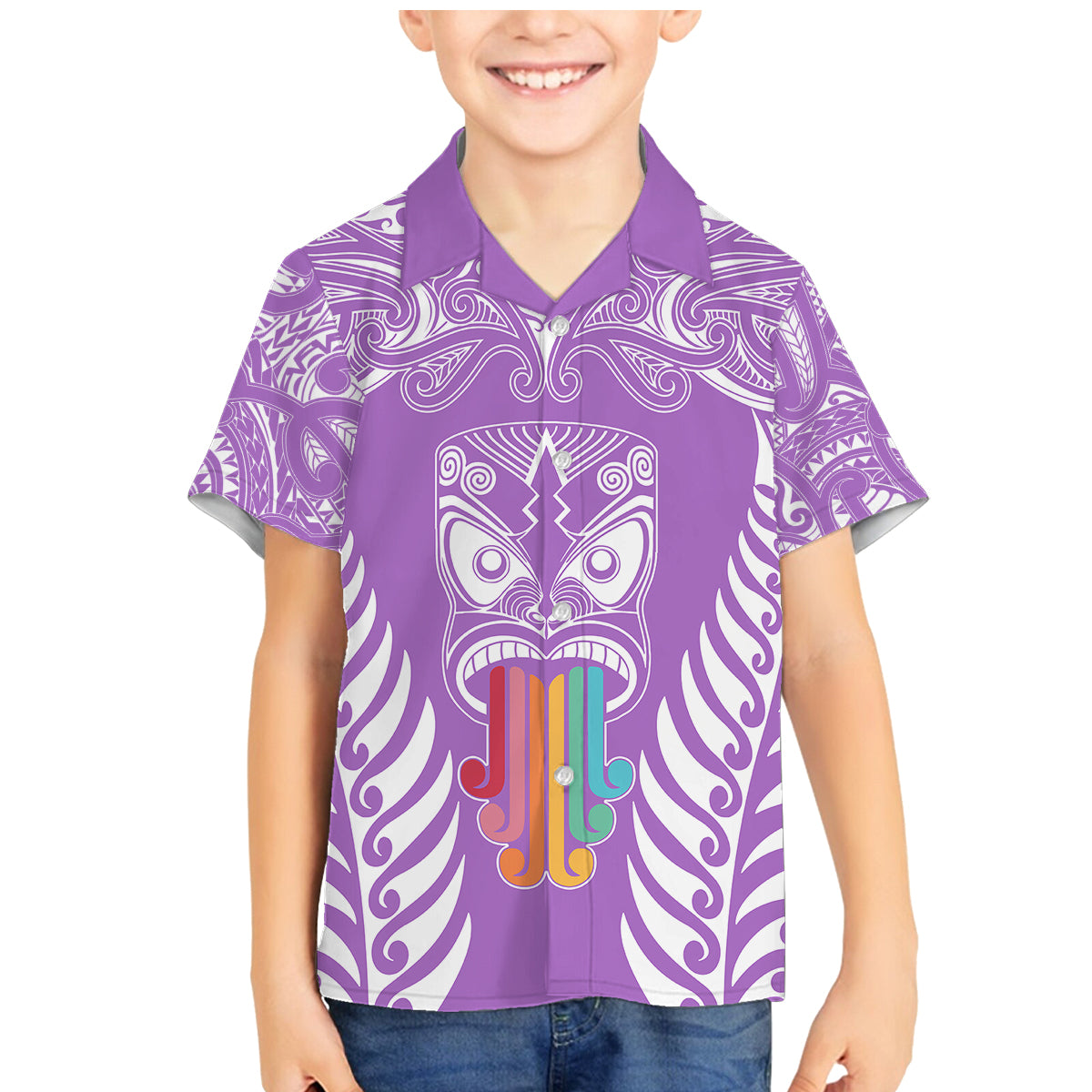 Personalised Kia Kaha Te Reo Maori Family Matching Mermaid Dress and Hawaiian Shirt Hei Tiki Mix Koru - Purple LT7 Son's Shirt Purple - Polynesian Pride