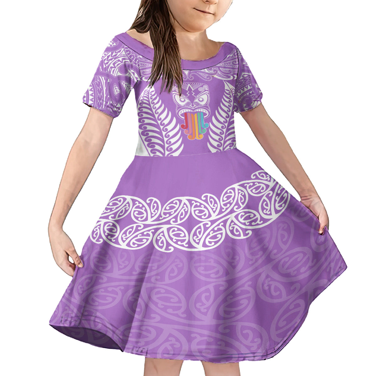 Personalised Kia Kaha Te Reo Maori Family Matching Off Shoulder Long Sleeve Dress and Hawaiian Shirt Hei Tiki Mix Koru - Purple LT7 Daughter's Dress Purple - Polynesian Pride