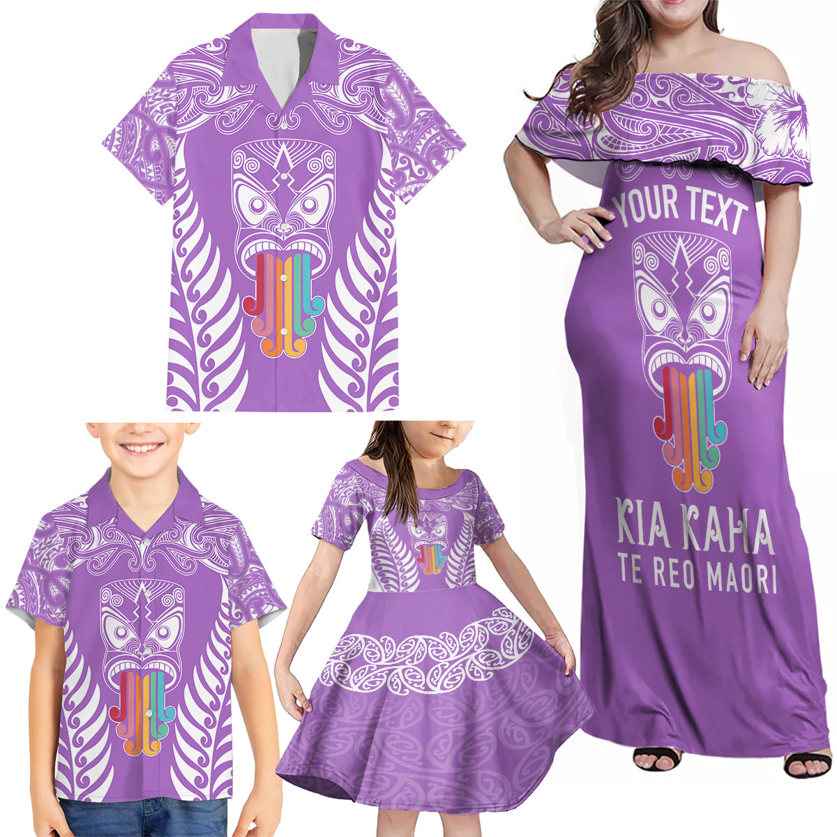 Personalised Kia Kaha Te Reo Maori Family Matching Off Shoulder Maxi Dress and Hawaiian Shirt Hei Tiki Mix Koru - Purple LT7 - Polynesian Pride