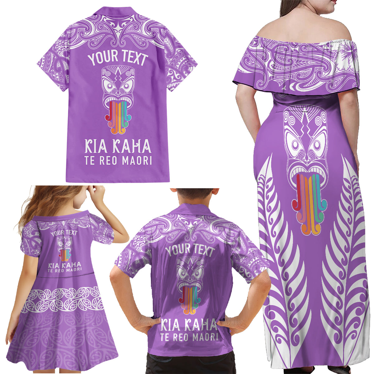 Personalised Kia Kaha Te Reo Maori Family Matching Off Shoulder Maxi Dress and Hawaiian Shirt Hei Tiki Mix Koru - Purple LT7 - Polynesian Pride