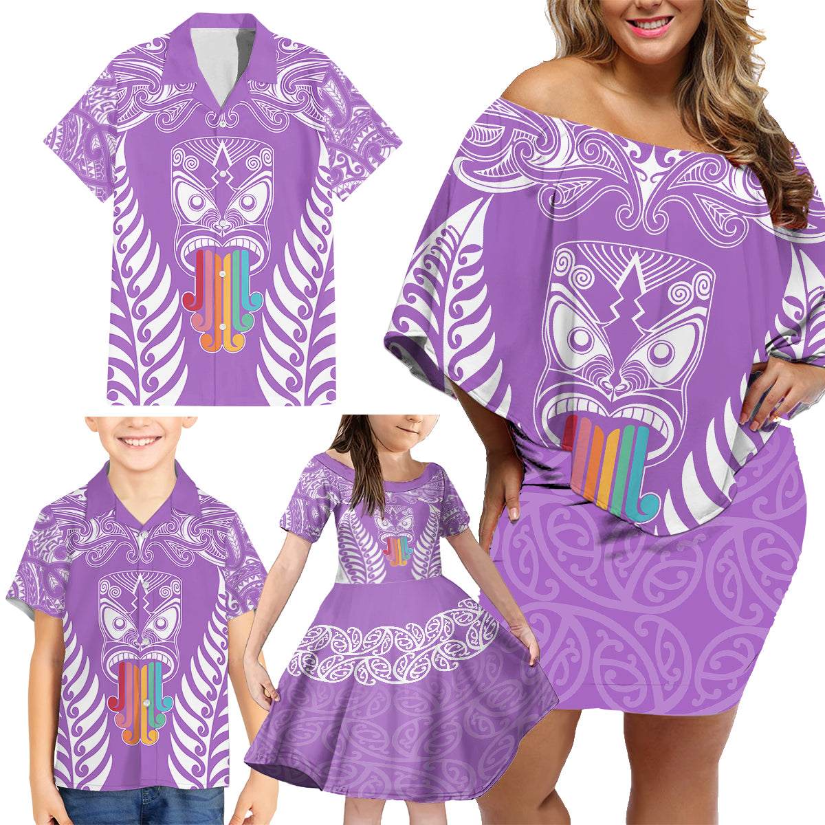 Personalised Kia Kaha Te Reo Maori Family Matching Off Shoulder Short Dress and Hawaiian Shirt Hei Tiki Mix Koru - Purple LT7 - Polynesian Pride