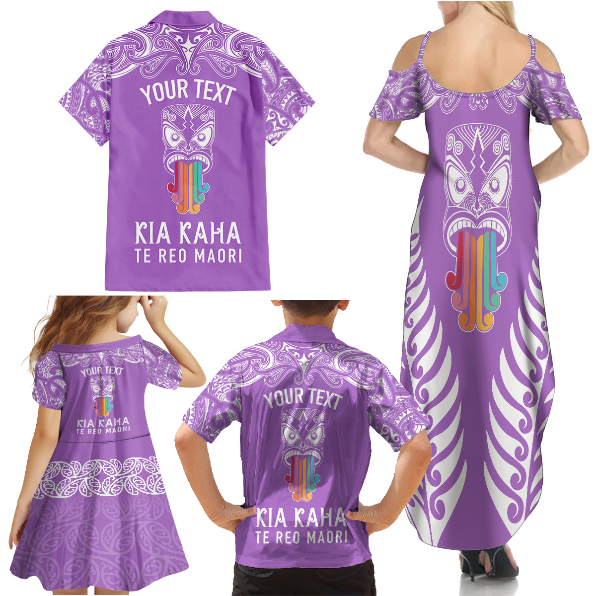 Personalised Kia Kaha Te Reo Maori Family Matching Summer Maxi Dress and Hawaiian Shirt Hei Tiki Mix Koru - Purple LT7 - Polynesian Pride