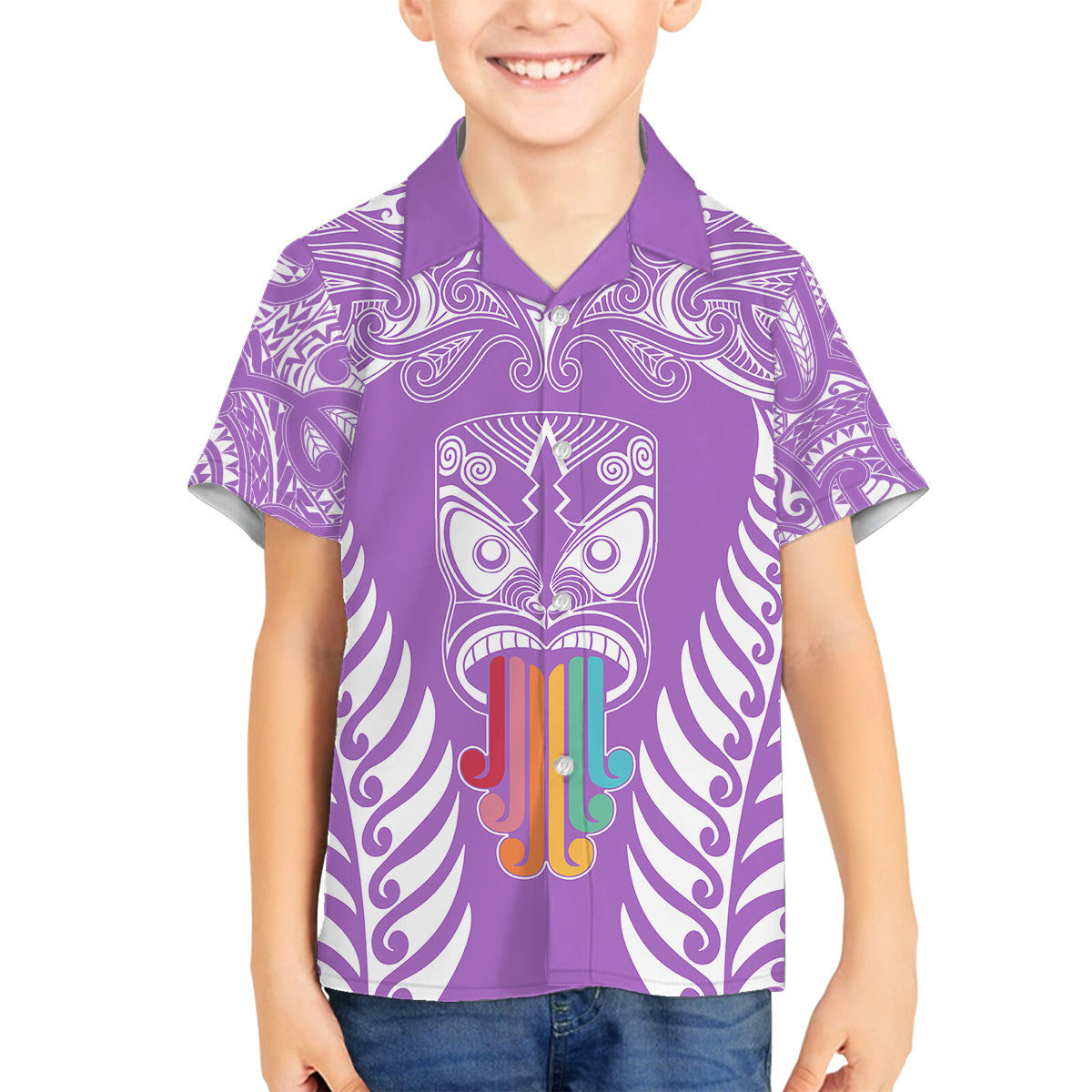 Personalised Kia Kaha Te Reo Maori Family Matching Tank Maxi Dress and Hawaiian Shirt Hei Tiki Mix Koru - Purple LT7 Son's Shirt Purple - Polynesian Pride