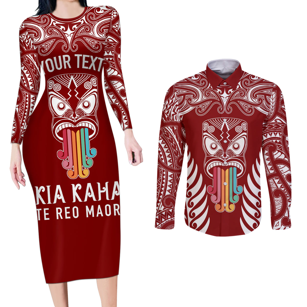 personalised-kia-kaha-te-reo-maori-couples-matching-long-sleeve-bodycon-dress-and-long-sleeve-button-shirts-hei-tiki-mix-koru-red
