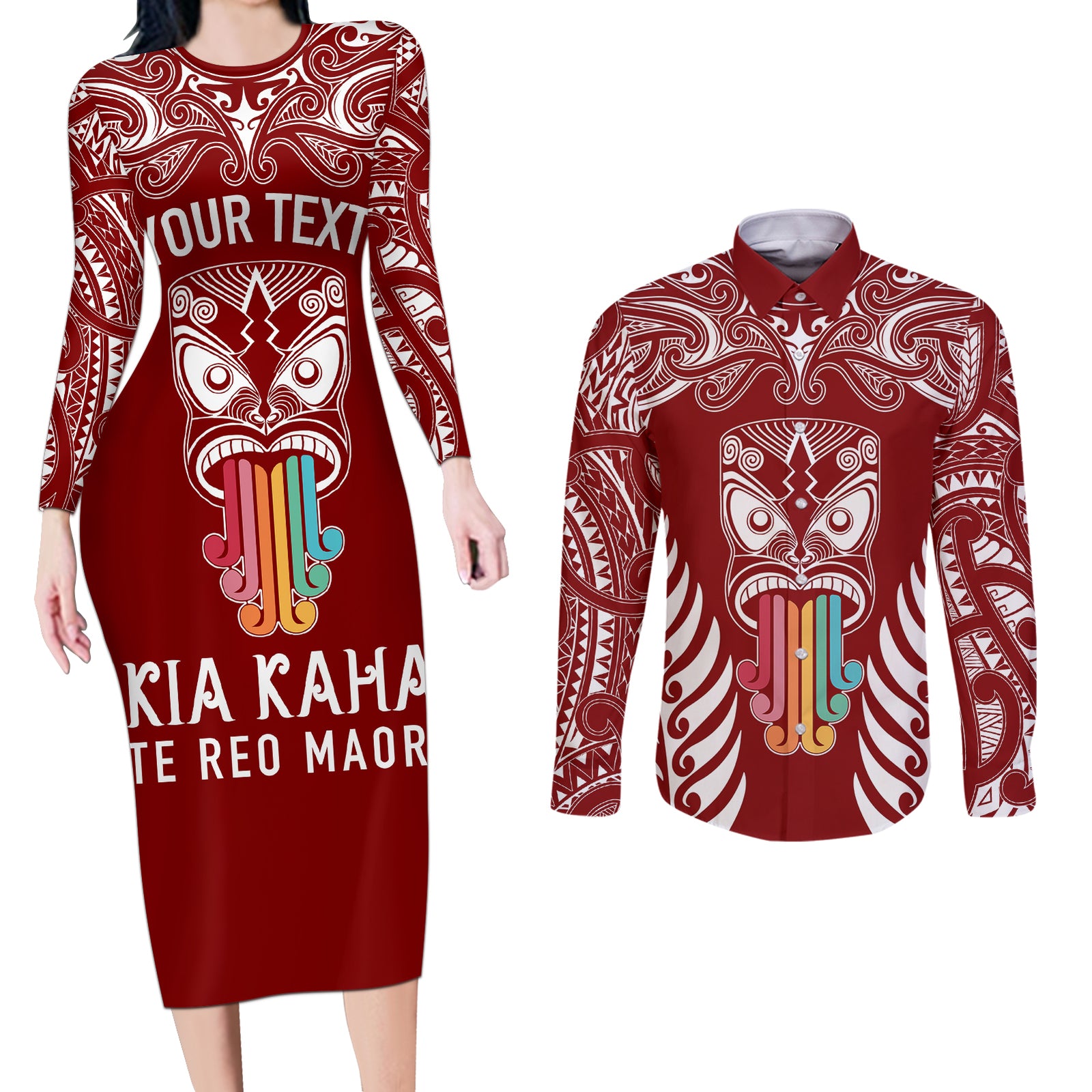 personalised-kia-kaha-te-reo-maori-couples-matching-long-sleeve-bodycon-dress-and-long-sleeve-button-shirts-hei-tiki-mix-koru-red