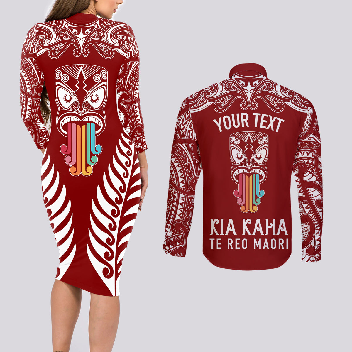 personalised-kia-kaha-te-reo-maori-couples-matching-long-sleeve-bodycon-dress-and-long-sleeve-button-shirts-hei-tiki-mix-koru-red