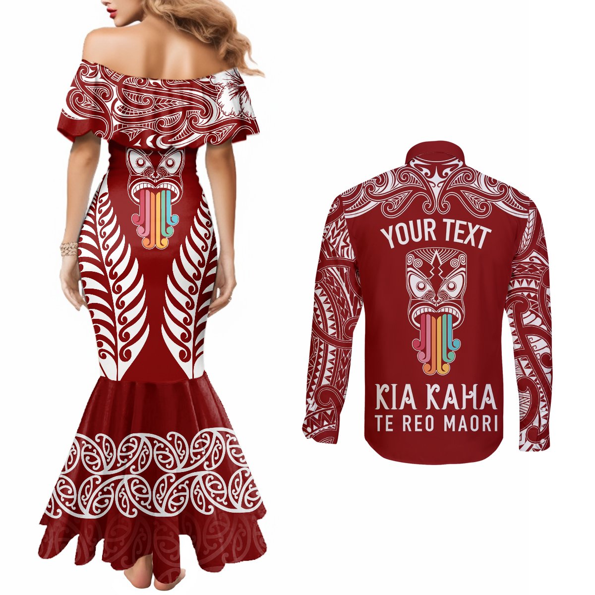 personalised-kia-kaha-te-reo-maori-couples-matching-mermaid-dress-and-long-sleeve-button-shirts-hei-tiki-mix-koru-red
