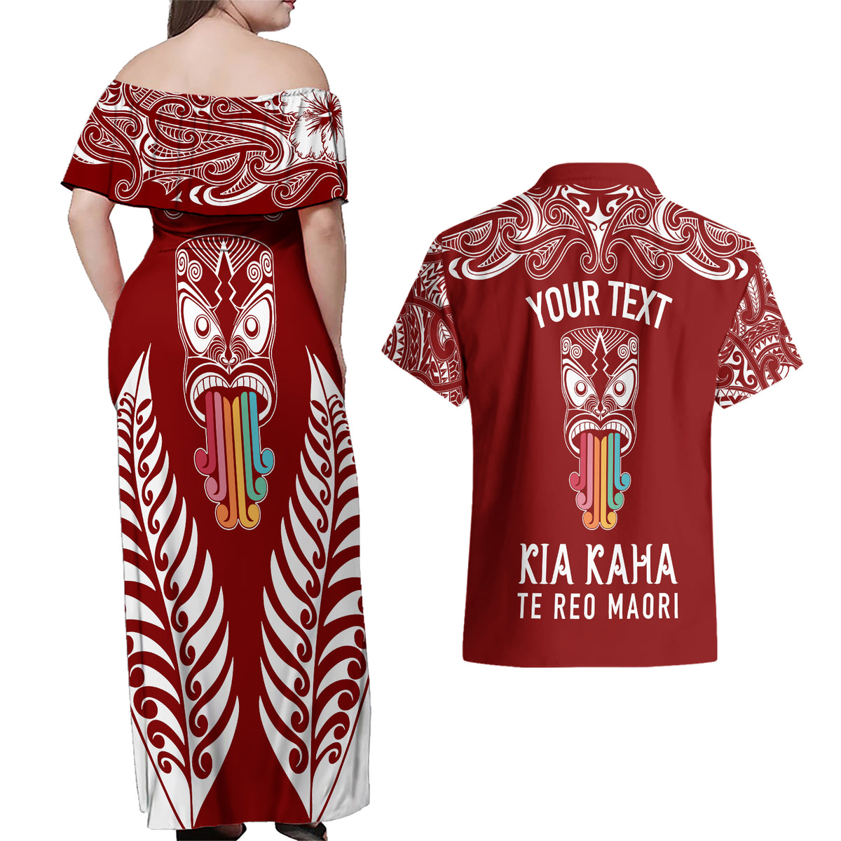 Personalised Kia Kaha Te Reo Maori Couples Matching Off Shoulder Maxi Dress and Hawaiian Shirt Hei Tiki Mix Koru - Red LT7 - Polynesian Pride