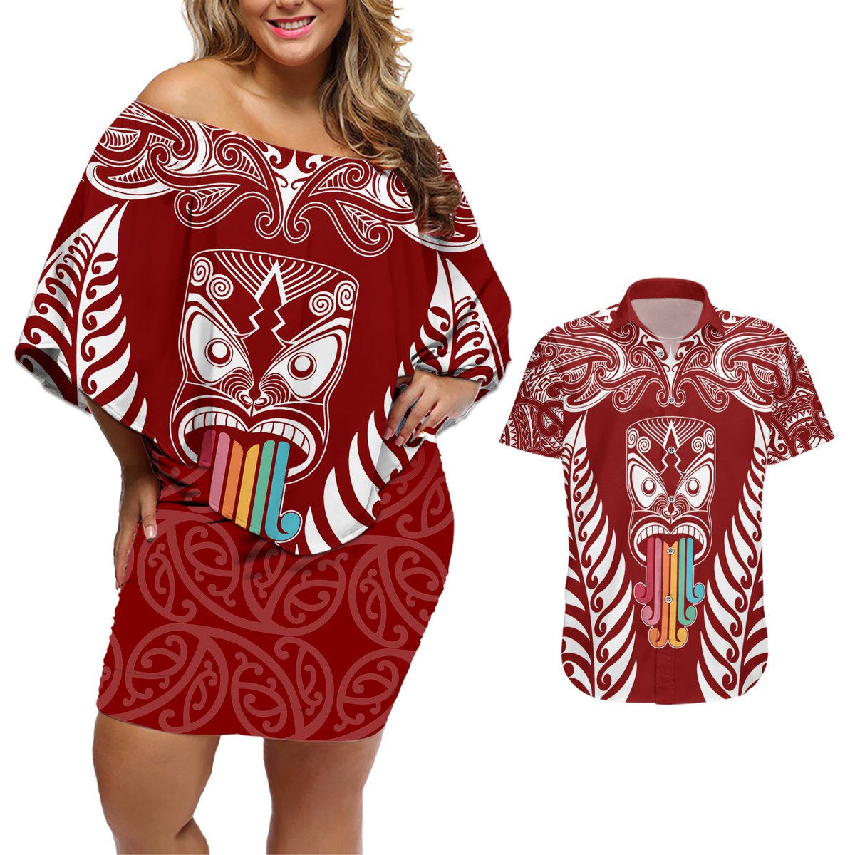 Personalised Kia Kaha Te Reo Maori Couples Matching Off Shoulder Short Dress and Hawaiian Shirt Hei Tiki Mix Koru - Red LT7 Red - Polynesian Pride