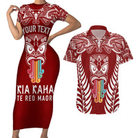 Personalised Kia Kaha Te Reo Maori Couples Matching Short Sleeve Bodycon Dress and Hawaiian Shirt Hei Tiki Mix Koru - Red LT7 Red - Polynesian Pride