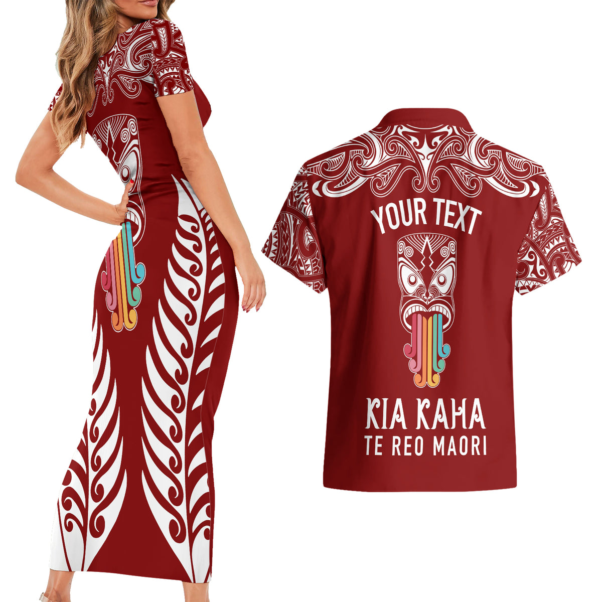 Personalised Kia Kaha Te Reo Maori Couples Matching Short Sleeve Bodycon Dress and Hawaiian Shirt Hei Tiki Mix Koru - Red LT7 - Polynesian Pride