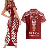 Personalised Kia Kaha Te Reo Maori Couples Matching Short Sleeve Bodycon Dress and Hawaiian Shirt Hei Tiki Mix Koru - Red LT7 - Polynesian Pride