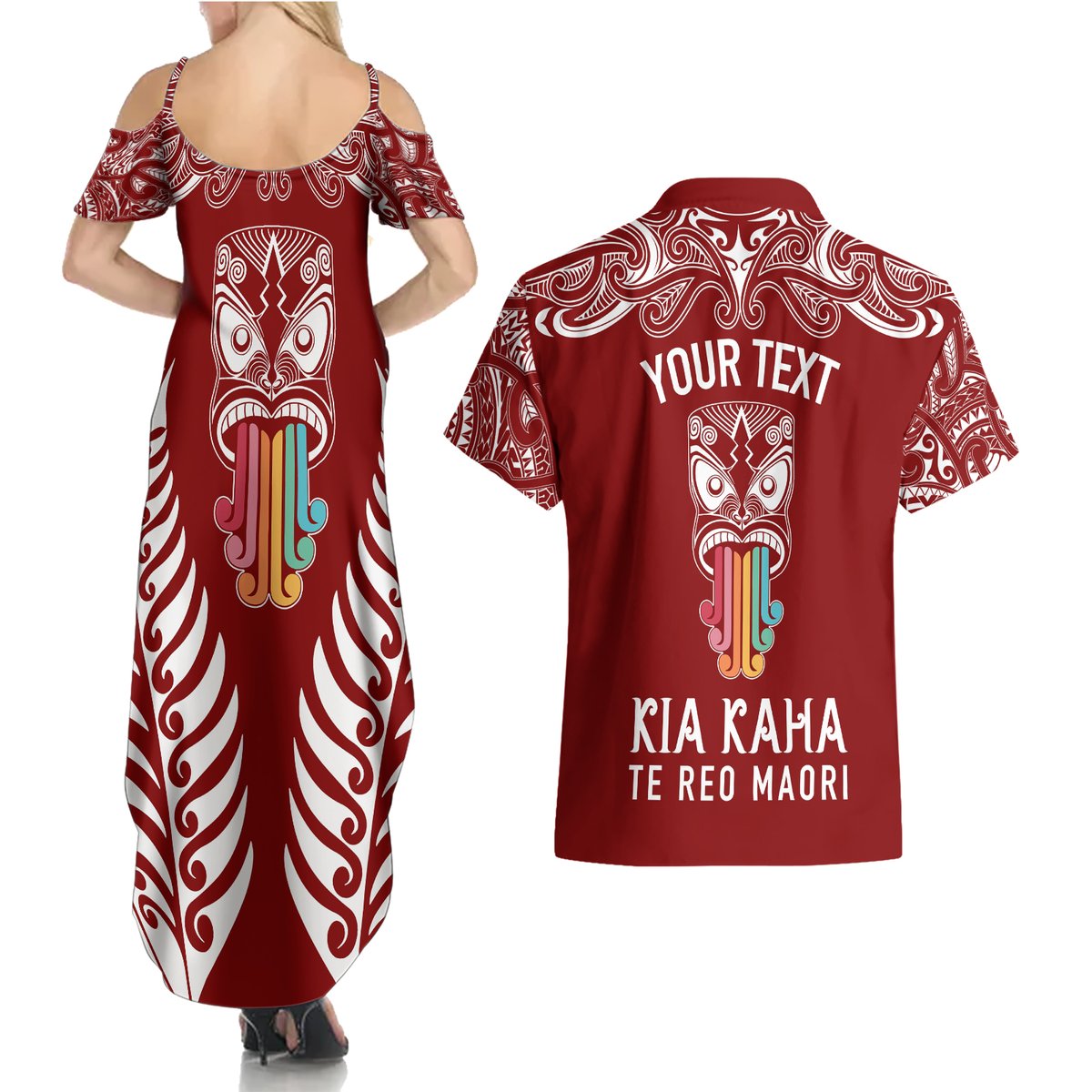 Personalised Kia Kaha Te Reo Maori Couples Matching Summer Maxi Dress and Hawaiian Shirt Hei Tiki Mix Koru - Red LT7 - Polynesian Pride