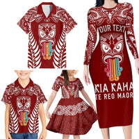 Personalised Kia Kaha Te Reo Maori Family Matching Long Sleeve Bodycon Dress and Hawaiian Shirt Hei Tiki Mix Koru - Red LT7 - Polynesian Pride