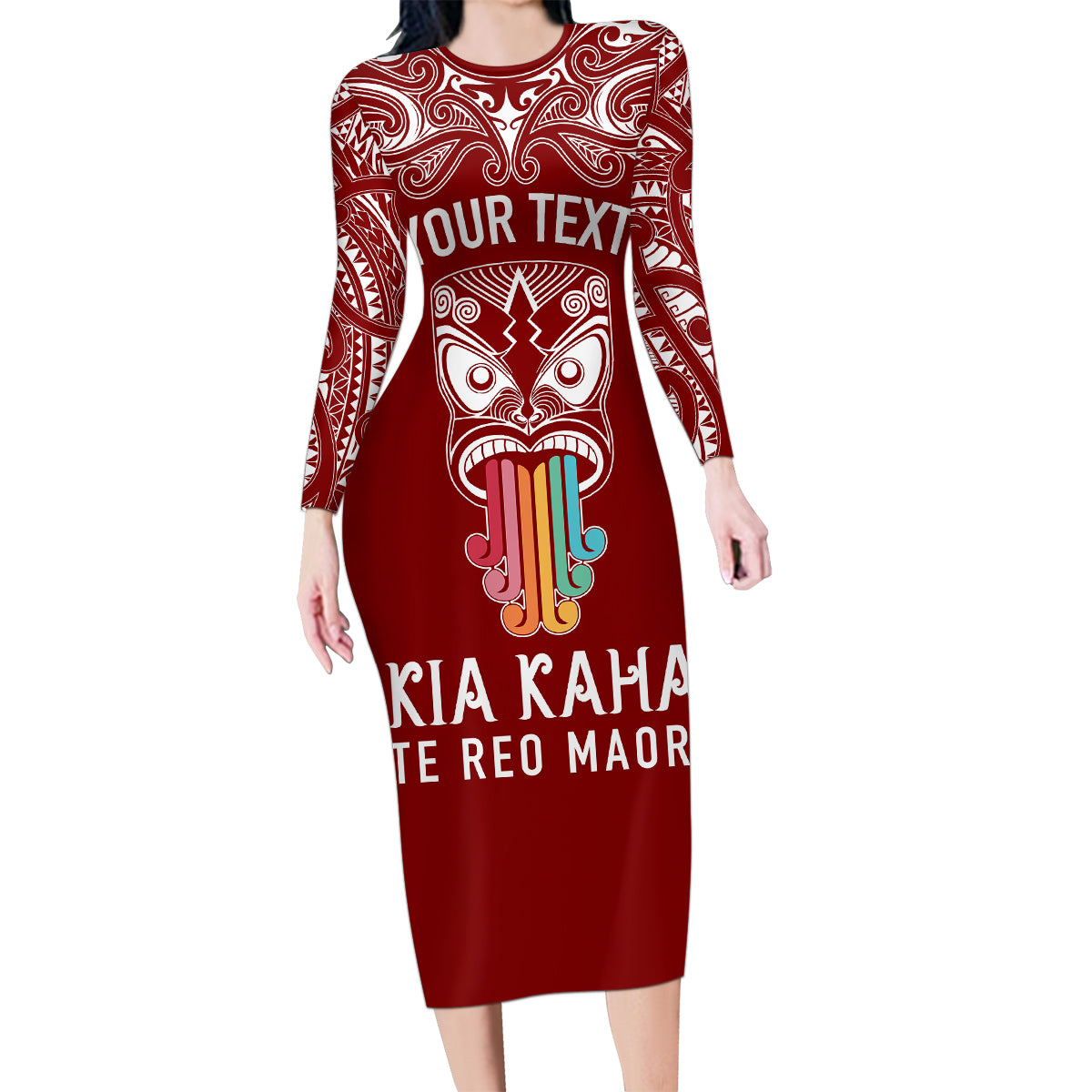 Personalised Kia Kaha Te Reo Maori Family Matching Long Sleeve Bodycon Dress and Hawaiian Shirt Hei Tiki Mix Koru - Red LT7 Mom's Dress Red - Polynesian Pride
